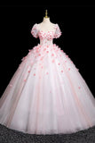 Pink Fairy Tulle and Flowers Long Prom Dress, Beautiful Short Sleeve Party Dress HZ0429
