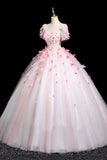 Pink Fairy Tulle and Flowers Long Prom Dress, Beautiful Short Sleeve Party Dress HZ0429