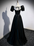 Black Satin Beaded Floor Length Prom Dress, Black A-Line Short Sleeve Evening Dress HZ0429