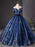 Navy Blue Glitter Printing Prom Dress, A-Line Off the Shoulder Evening Party Dress HZ0429