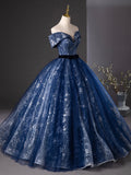 Navy Blue Glitter Printing Prom Dress, A-Line Off the Shoulder Evening Party Dress HZ0429