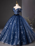 Navy Blue Glitter Printing Prom Dress, A-Line Off the Shoulder Evening Party Dress HZ0429