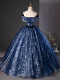 Navy Blue Glitter Printing Prom Dress, A-Line Off the Shoulder Evening Party Dress HZ0429