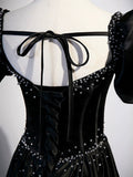 Black Satin Beaded Floor Length Prom Dress, Black A-Line Short Sleeve Evening Dress HZ0429