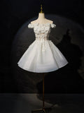 White Flowers Lace Short Prom Dress, Lovely A-Line Evening Party Dress HZ0429