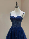 Blue Spaghetti Straps Tulle Beaded Long Formal Dress, Blue A-Line Evening Dress with Corset HZ0429