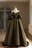 Green Satin Floor Length Prom Dress, A-Line Puffy Short Sleeve Evening Party Dress HZ0429