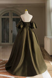 Green Satin Floor Length Prom Dress, A-Line Puffy Short Sleeve Evening Party Dress HZ0429