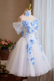 White Tulle and Blue Flowers Short Party Dress, Off the Shoulder A-Line Homecoming Dress HZ0429