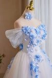 White Tulle and Blue Flowers Short Party Dress, Off the Shoulder A-Line Homecoming Dress HZ0429