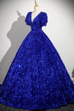 Blue V-Neck Sequins Long Prom Dress, Blue Short Sleeve Party Dress HZ0429