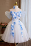 White Tulle and Blue Flowers Short Party Dress, Off the Shoulder A-Line Homecoming Dress HZ0429