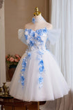 White Tulle and Blue Flowers Short Party Dress, Off the Shoulder A-Line Homecoming Dress HZ0429