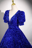 Blue V-Neck Sequins Long Prom Dress, Blue Short Sleeve Party Dress HZ0429