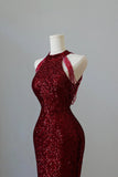 Burgundy Sequins Long Prom Dress, Mermaid Evening Party Dress HZ0429
