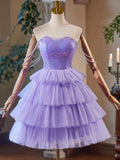 A-Line Tulle and Sequins Short Party Dress, Lavender Strapless Evening Dress HZ0429