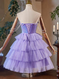 A-Line Tulle and Sequins Short Party Dress, Lavender Strapless Evening Dress HZ0429