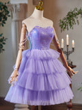 A-Line Tulle and Sequins Short Party Dress, Lavender Strapless Evening Dress HZ0429
