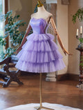 A-Line Tulle and Sequins Short Party Dress, Lavender Strapless Evening Dress HZ0429