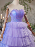 A-Line Tulle and Sequins Short Party Dress, Lavender Strapless Evening Dress HZ0429
