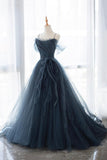 Blue Spaghetti Strap Tulle Long Prom Dress, A-Line Backless Party Dress HZ0429