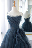 Blue Spaghetti Strap Tulle Long Prom Dress, A-Line Backless Party Dress HZ0429