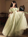 Green Tulle Floor Length Prom Dress, Beautiful Off the Shoulder Evening Party Dress HZ0429