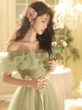 Green Tulle Floor Length Prom Dress, Beautiful Off the Shoulder Evening Party Dress HZ0429