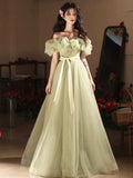 Green Tulle Floor Length Prom Dress, Beautiful Off the Shoulder Evening Party Dress HZ0429