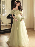 Green Tulle Floor Length Prom Dress, Beautiful Off the Shoulder Evening Party Dress HZ0429