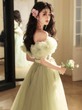 Green Tulle Floor Length Prom Dress, Beautiful Off the Shoulder Evening Party Dress HZ0429