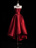 Burgundy Satin Hight Low Prom Dress, Lovely A-Line Strapless Party Dress HZ0429