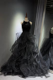 Black Halter Sequin Prom Dress, Sparkly Ruffled Tulle Ball Gown HZ0429