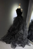Black Halter Sequin Prom Dress, Sparkly Ruffled Tulle Ball Gown HZ0429