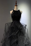 Black Halter Sequin Prom Dress, Sparkly Ruffled Tulle Ball Gown HZ0429