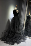 Black Halter Sequin Prom Dress, Sparkly Ruffled Tulle Ball Gown HZ0429
