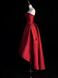 Burgundy Satin Hight Low Prom Dress, Lovely A-Line Strapless Party Dress HZ0429