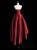 Burgundy Satin Hight Low Prom Dress, Lovely A-Line Strapless Party Dress HZ0429