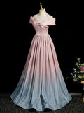 Pink Gradient Shiny Floor Length Prom Dress, Off Shoulder A-Line Evening Party Dress HZ0429