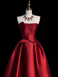 Burgundy Satin Hight Low Prom Dress, Lovely A-Line Strapless Party Dress HZ0429