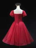 Burgundy Tulle Beaded Knee Length Party Dress, A-Line Short Sleeve Evening Party Dress HZ0429