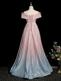 Pink Gradient Shiny Floor Length Prom Dress, Off Shoulder A-Line Evening Party Dress HZ0429