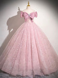 Pink Tulle Sequins Long Prom Dress, Lovely A-Line Evening Party Dress HZ0429