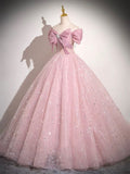 Pink Tulle Sequins Long Prom Dress, Lovely A-Line Evening Party Dress HZ0429