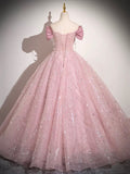 Pink Tulle Sequins Long Prom Dress, Lovely A-Line Evening Party Dress HZ0429