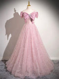 Pink Tulle Sequins Long Prom Dress, Lovely A-Line Evening Party Dress HZ0429