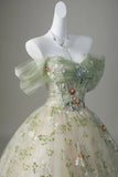 Enchanted Garden Off-the-Shoulder Sage Green Floral Ball Gown HZ0429