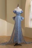 Dusty Blue Off-the-Shoulder Mermaid Prom Dress with Beading and Bow Detailing HZ0429
