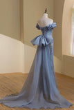 Dusty Blue Off-the-Shoulder Mermaid Prom Dress with Beading and Bow Detailing HZ0429
