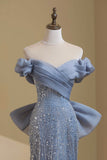 Dusty Blue Off-the-Shoulder Mermaid Prom Dress with Beading and Bow Detailing HZ0429